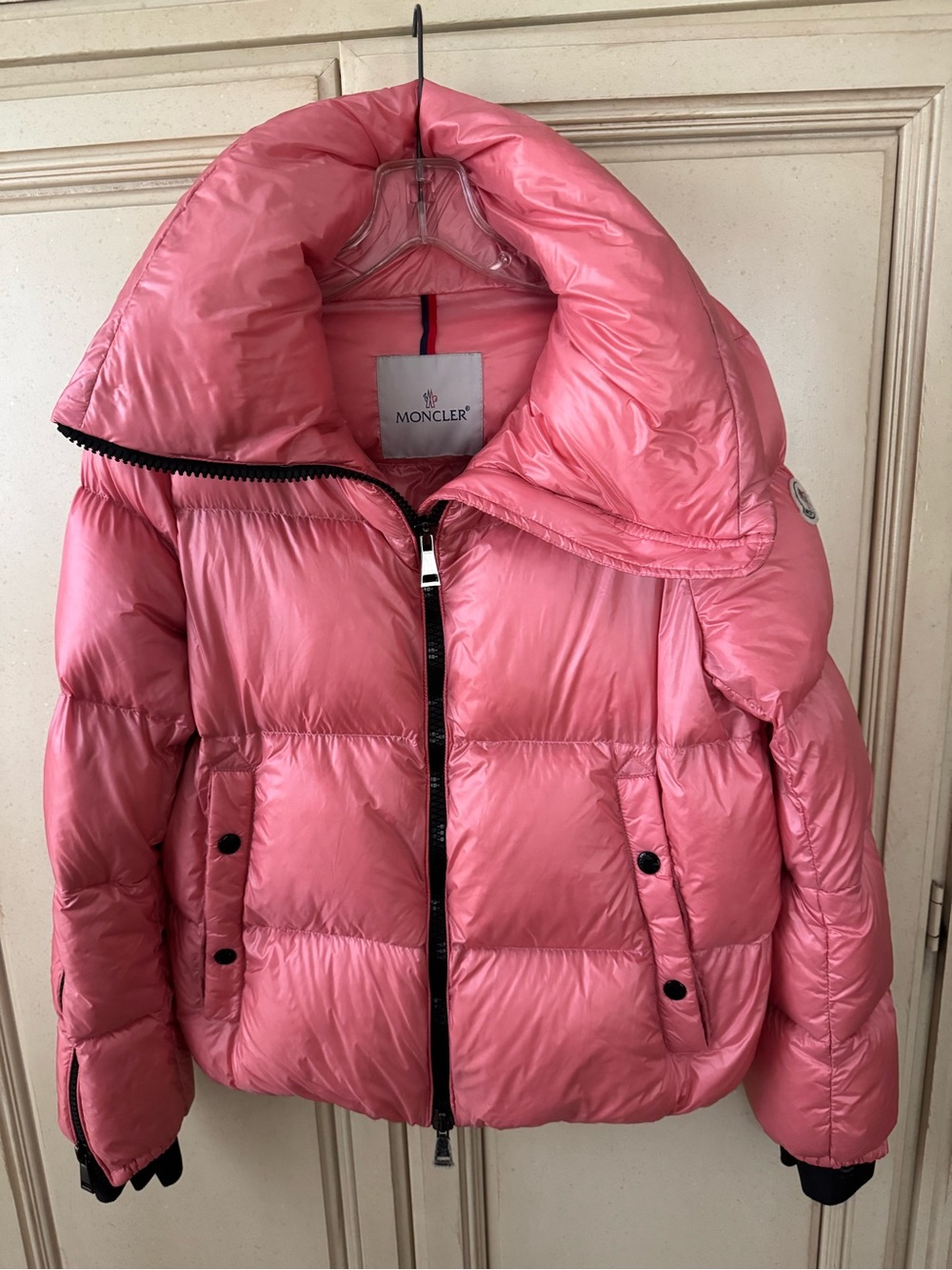 Moncler Glossy Pink Down Puffer Jacket with High Collar